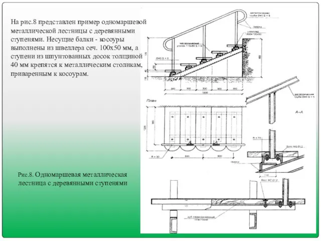 На рис.8 представлен пример одномаршевой металлической лестницы с деревянными ступенями.
