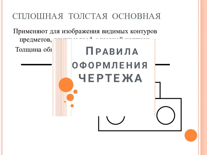 СПЛОШНАЯ ТОЛСТАЯ ОСНОВНАЯ Применяют для изображения видимых контуров предметов, рамки