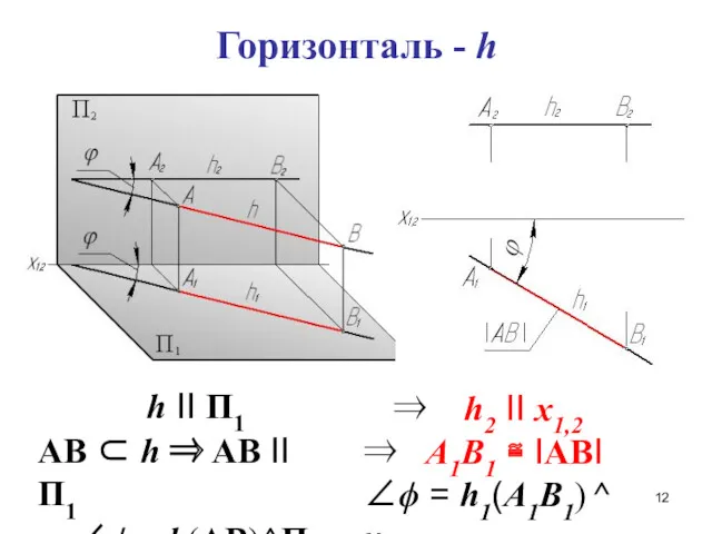 Горизонталь - h h II П1 AB ⊂ h ⇒