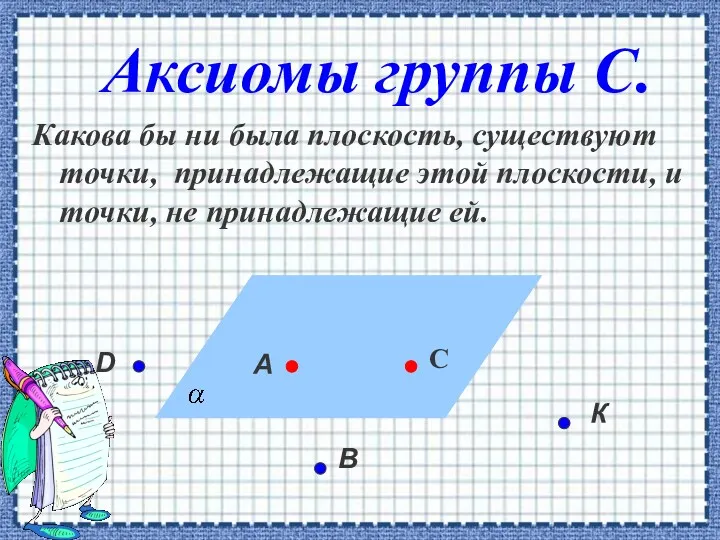 Аксиомы группы С. Какова бы ни была плоскость, существуют точки,