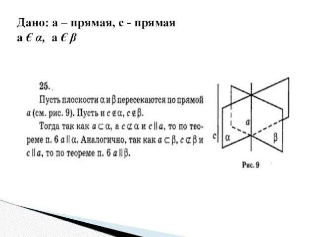 Дано: а – прямая, c - прямая а € α, а € β