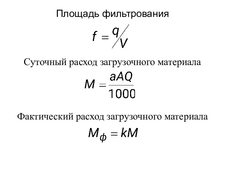 Площадь фильтрования Суточный расход загрузочного материала Фактический расход загрузочного материала