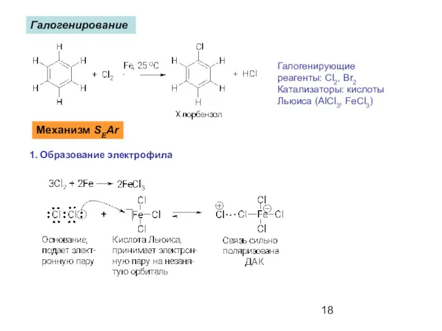 Галогенирование Галогенирующие реагенты: Cl2, Br2 Катализаторы: кислоты Льюиса (AlCl3, FeCl3) Механизм SEAr 1. Образование электрофила