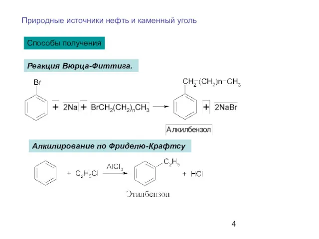 Способы получения Природные источники нефть и каменный уголь Реакция Вюрца-Фиттига. Алкилирование по Фриделю-Крафтсу