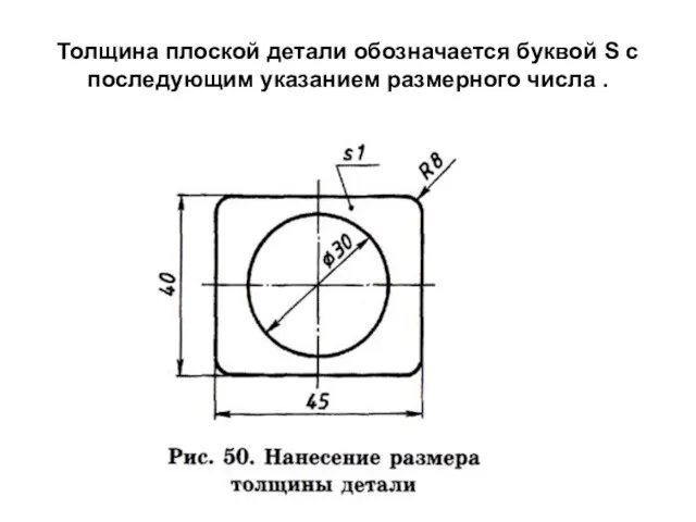 Толщина плоской детали обозначается буквой S с последующим указанием размерного числа .