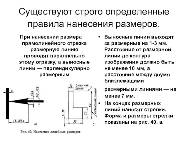 Существуют строго определенные правила нанесения размеров. При нанесении размера прямолинейного