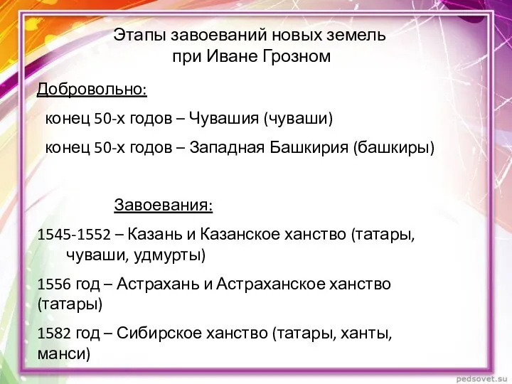 Этапы завоеваний новых земель при Иване Грозном Добровольно: конец 50-х