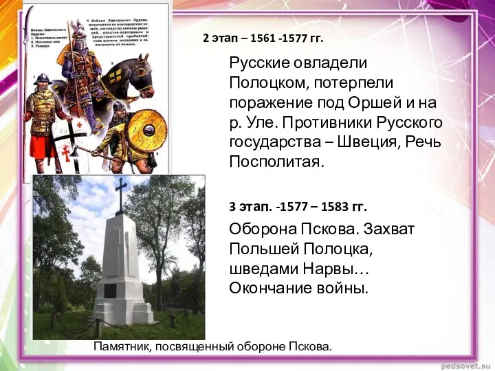 2 этап – 1561 -1577 гг. Русские овладели Полоцком, потерпели