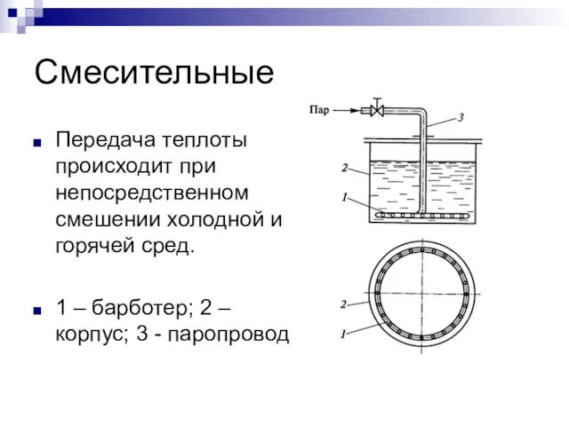 Смесительные Передача теплоты происходит при непосредственном смешении холодной и горячей