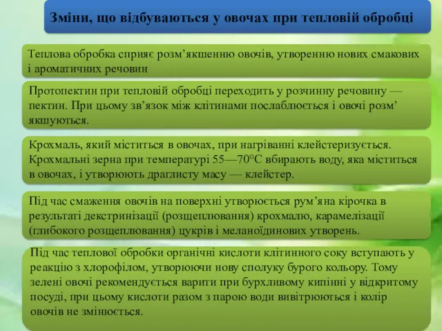 Теплова обробка сприяє розм’якшенню овочів, утворенню нових смакових і ароматичних