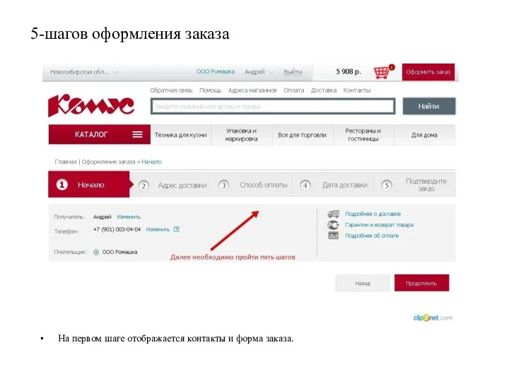 5-шагов оформления заказа На первом шаге отображается контакты и форма заказа.