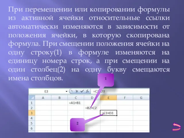 При перемещении или копировании формулы из активной ячейки относительные ссылки