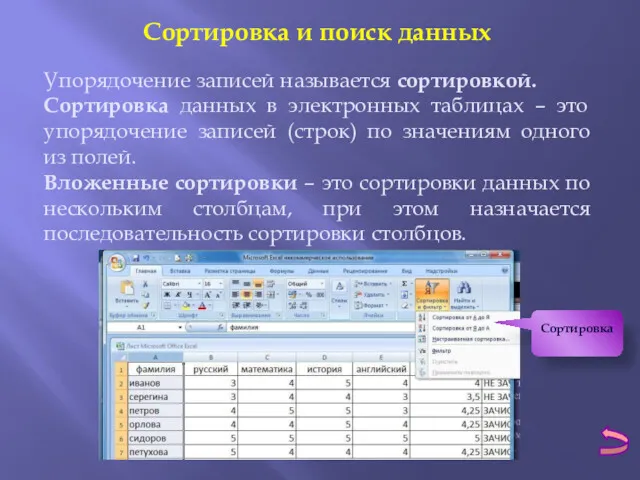 Сортировка и поиск данных Упорядочение записей называется сортировкой. Сортировка данных