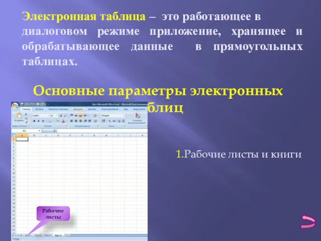 Электронная таблица – это работающее в диалоговом режиме приложение, хранящее