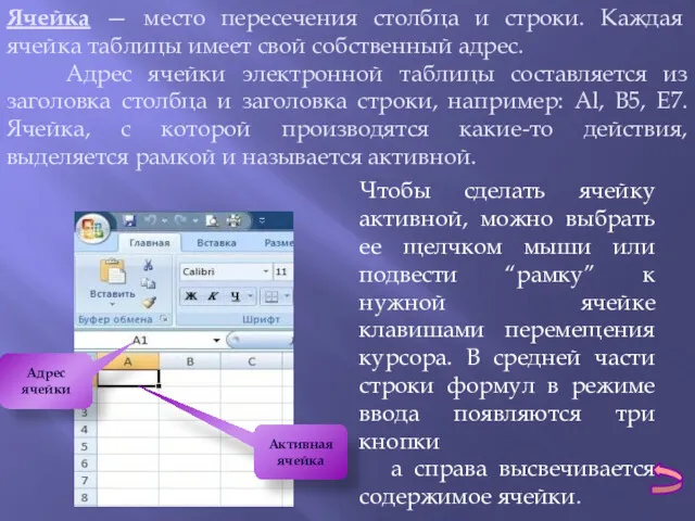 Ячейка — место пересечения столбца и строки. Каждая ячейка таблицы