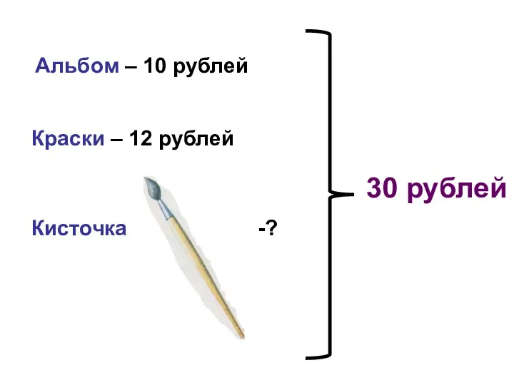 Альбом – 10 рублей Кисточка -? Краски – 12 рублей 30 рублей