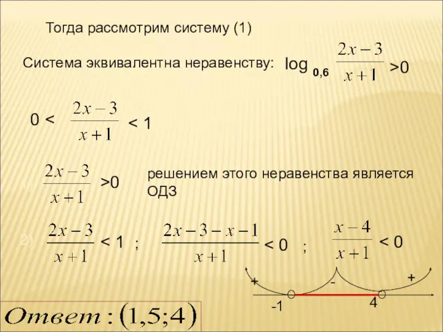 Тогда рассмотрим систему (1) Система эквивалентна неравенству: log 0,6 >0