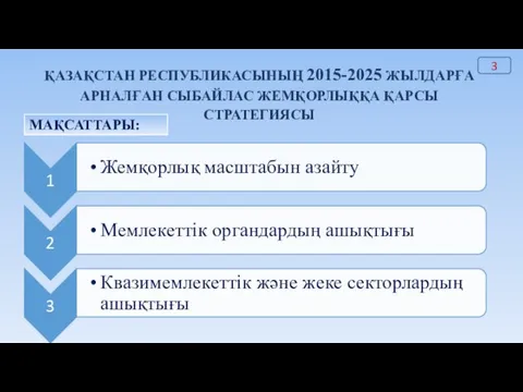 ҚАЗАҚСТАН РЕСПУБЛИКАСЫНЫҢ 2015-2025 ЖЫЛДАРҒА АРНАЛҒАН СЫБАЙЛАС ЖЕМҚОРЛЫҚҚА ҚАРСЫ СТРАТЕГИЯСЫ МАҚСАТТАРЫ: 3