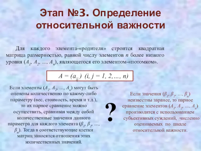 Этап №3. Определение относительной важности Для каждого элемента-«родителя» строится квадратная матрица размерностью, равной