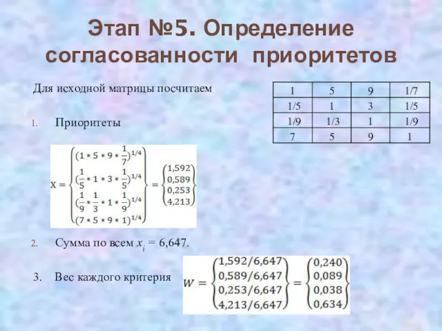 Этап №5. Определение согласованности приоритетов Для исходной матрицы посчитаем Приоритеты Сумма по всем