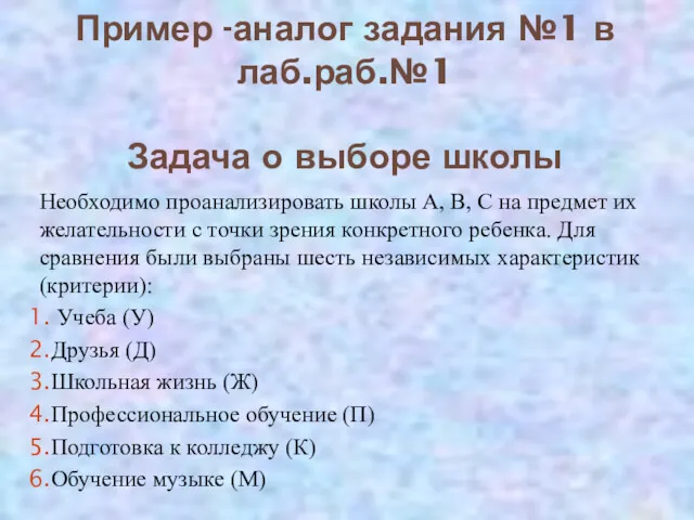 Пример -аналог задания №1 в лаб.раб.№1 Задача о выборе школы Необходимо проанализировать школы