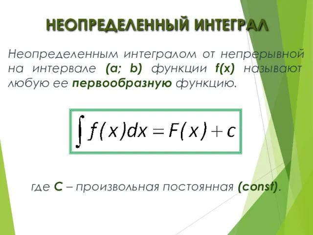 НЕОПРЕДЕЛЕННЫЙ ИНТЕГРАЛ Неопределенным интегралом от непрерывной на интервале (a; b)