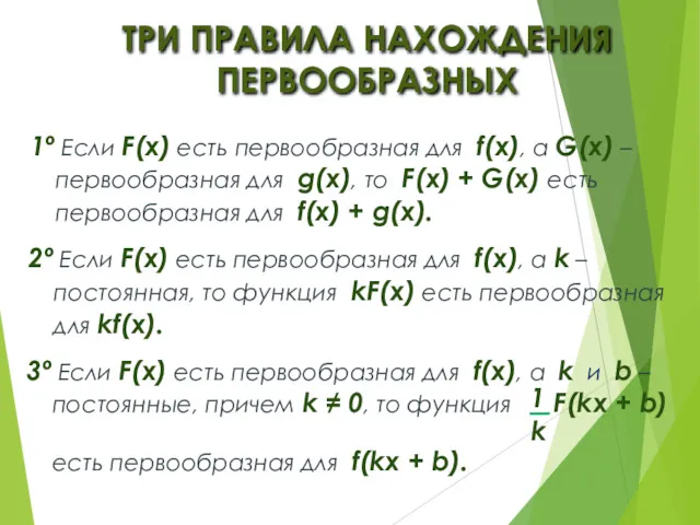 ТРИ ПРАВИЛА НАХОЖДЕНИЯ ПЕРВООБРАЗНЫХ 1º Если F(x) есть первообразная для