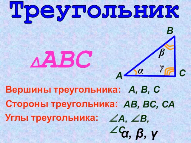 Треугольник А В С А, В, С Вершины треугольника: АВ,