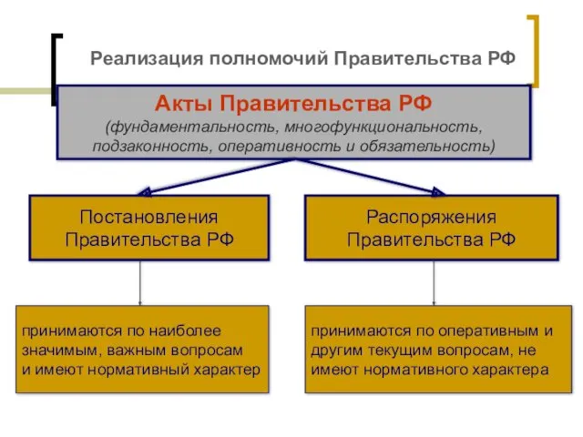 Реализация полномочий Правительства РФ Акты Правительства РФ (фундаментальность, многофункциональность, подзаконность,