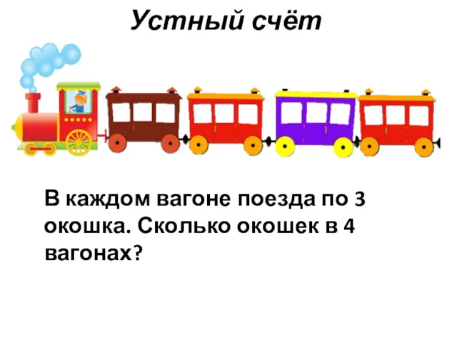 Устный счёт В каждом вагоне поезда по 3 окошка. Сколько окошек в 4 вагонах?