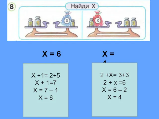 Х = 6 Х = 4 Х +1= 2+5 Х