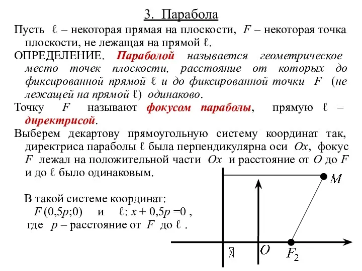 3. Парабола Пусть ℓ – некоторая прямая на плоскости, F