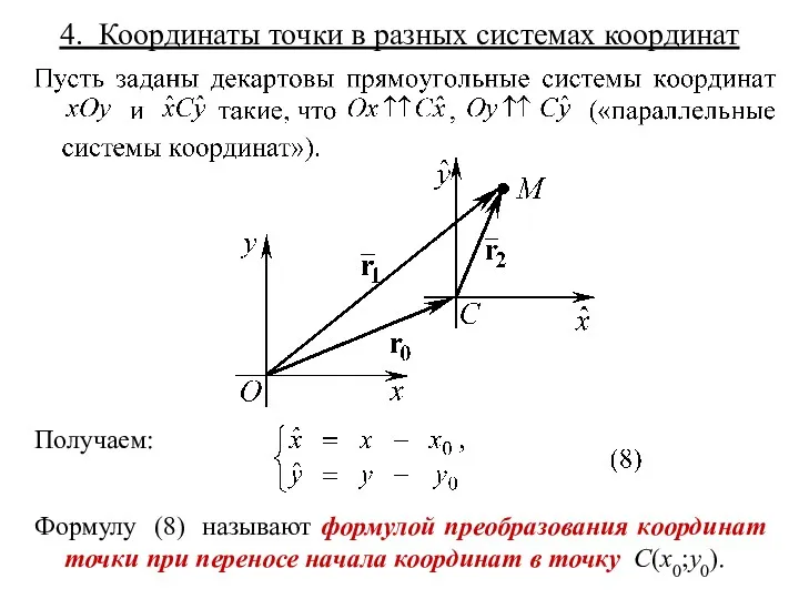 4. Координаты точки в разных системах координат Получаем: Формулу (8)