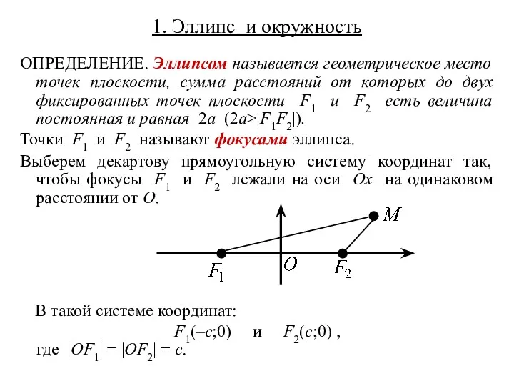 1. Эллипс и окружность ОПРЕДЕЛЕНИЕ. Эллипсом называется геометрическое место точек