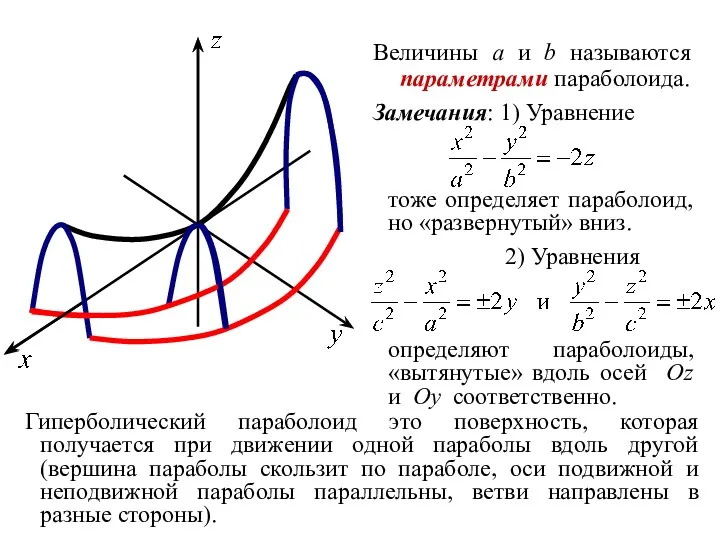 Величины a и b называются параметрами параболоида. Замечания: 1) Уравнение