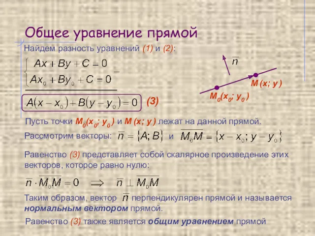 Общее уравнение прямой Найдем разность уравнений (1) и (2): Пусть
