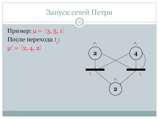 Запуск сетей Петри Пример: μ = 〈3, 5, 1〉 После