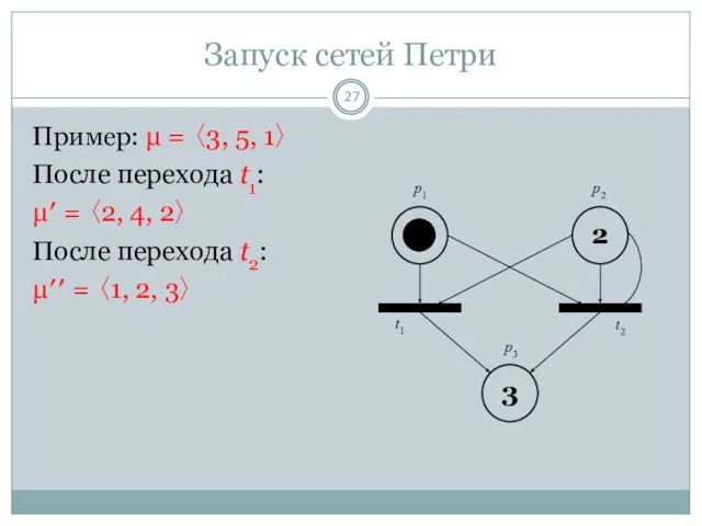 Запуск сетей Петри Пример: μ = 〈3, 5, 1〉 После