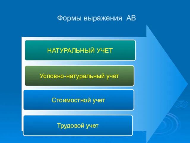 Формы выражения АВ НАТУРАЛЬНЫЙ УЧЕТ Условно-натуральный учет Стоимостной учет Трудовой учет