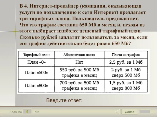 Далее 4 Задание 1 бал. Введите ответ: В 4. Интернет-провайдер