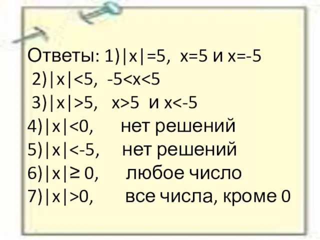 Ответы: 1)|x|=5, x=5 и x=-5 2)|x| 5, x>5 и x 0, все числа, кроме 0