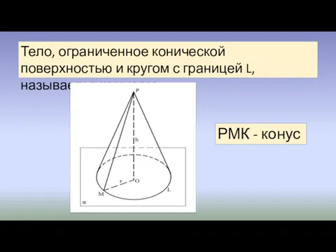 Тело, ограниченное конической поверхностью и кругом с границей L, называется конусом. РМК - конус