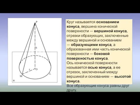 Круг называется основанием конуса, вершина конической поверхности — вершиной конуса,