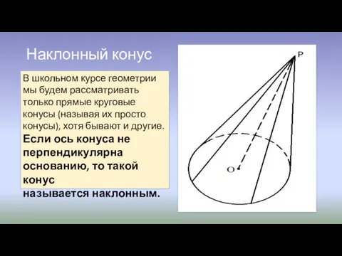 Наклонный конус В школьном курсе геометрии мы будем рассматривать только