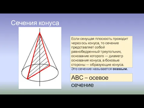 Сечения конуса Если секущая плоскость проходит через ось конуса, то