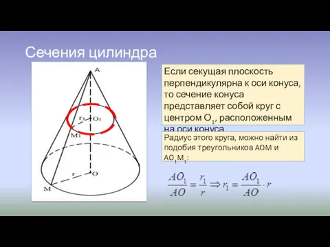 Сечения цилиндра Если секущая плоскость перпендикулярна к оси конуса, то