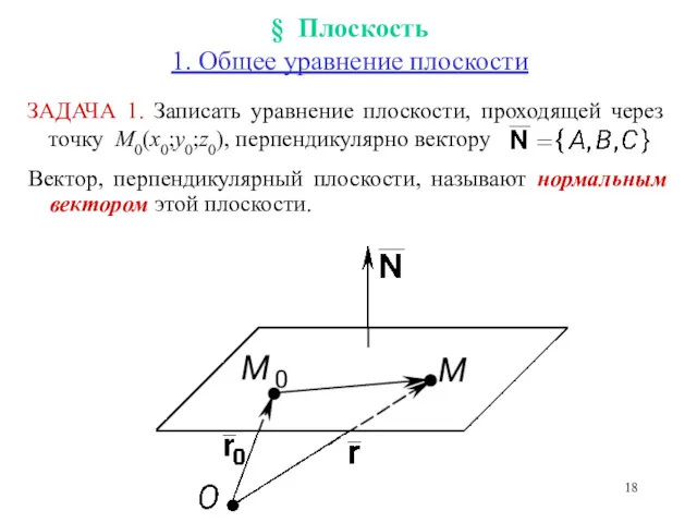 § Плоскость 1. Общее уравнение плоскости ЗАДАЧА 1. Записать уравнение