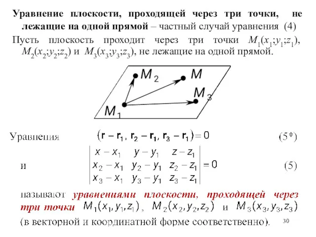 Уравнение плоскости, проходящей через три точки, не лежащие на одной