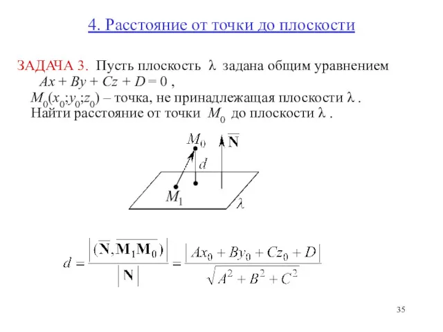 4. Расстояние от точки до плоскости ЗАДАЧА 3. Пусть плоскость