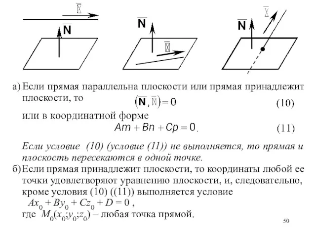 а) Если прямая параллельна плоскости или прямая принадлежит плоскости, то